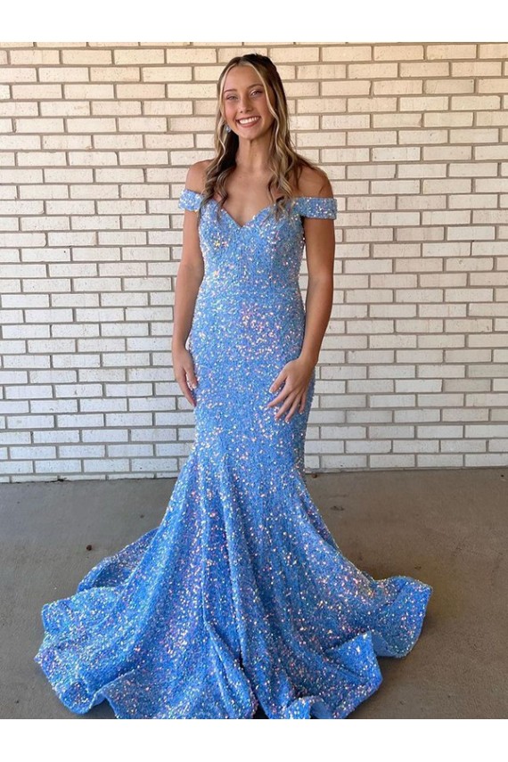 Affordable Mermaid Off the Shoulder Velvet Sequins Long Periwinkle Velvet Sequin Evening Dress Canada