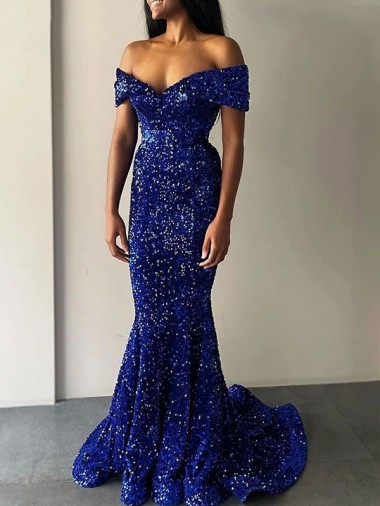 Affordable Mermaid Off the Shoulder Velvet Sequins Sweep Train Royal Blue Velvet Sequin Evening Dress Canada