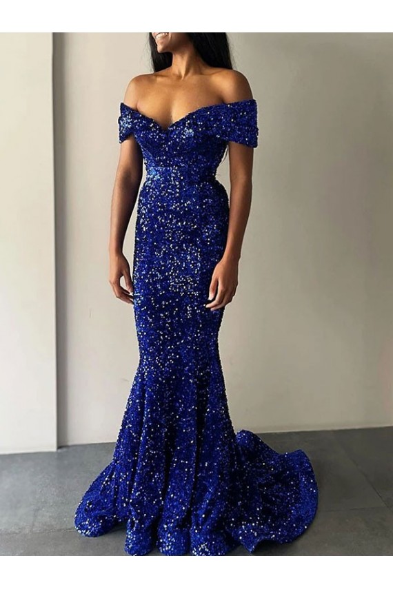 Affordable Mermaid Off the Shoulder Velvet Sequins Sweep Train Royal Blue Velvet Sequin Evening Dress Canada