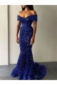 Affordable Mermaid Off the Shoulder Velvet Sequins Sweep Train Royal Blue Velvet Sequin Evening Dress Canada