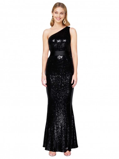 Affordable Mermaid One Shoulder Sequin Long Black Formal Evening Dress Canada