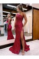 Affordable Mermaid One Shoulder Velvet Sequins Sweep Train Burgundy Velvet Sequin Evening Gown Canada