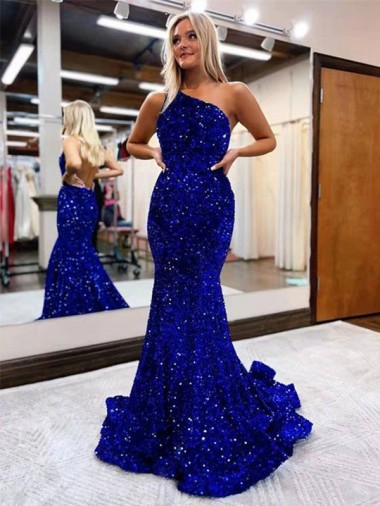Affordable Mermaid One Shoulder Velvet Sequins Sweep Train Royal Blue Velvet Sequin Evening Dress Canada