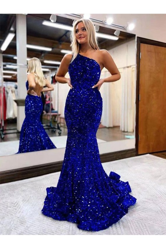 Affordable Mermaid One Shoulder Velvet Sequins Sweep Train Royal Blue Velvet Sequin Evening Dress Canada
