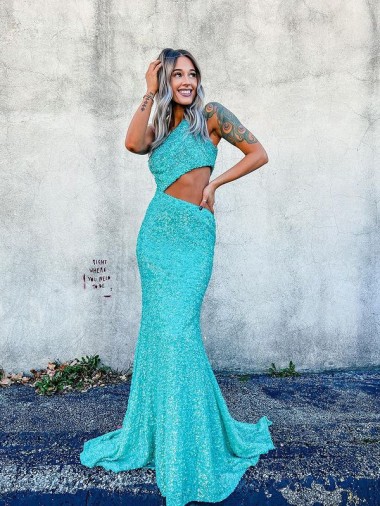 Affordable Mermaid One Shoulder Velvet Sequins Sweep Train Velvet Sequin Evening Dress Canada