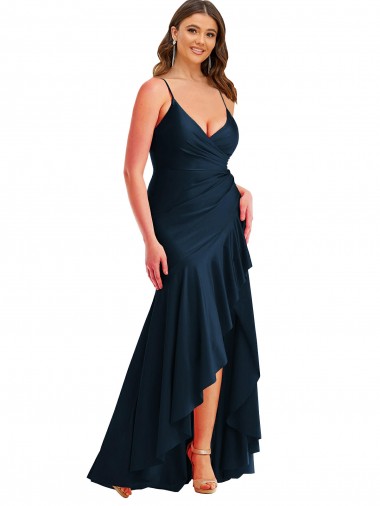 Affordable Mermaid Spaghetti Straps Silky Satin Long Dark Navy High Low Plus Size Evening Dress Canada