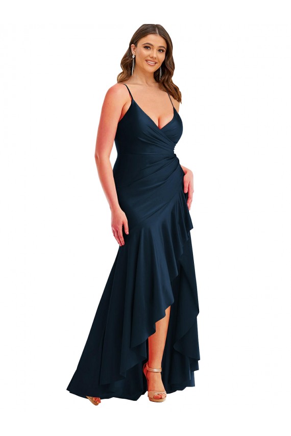 Affordable Mermaid Spaghetti Straps Silky Satin Long Dark Navy High Low Plus Size Evening Dress Canada