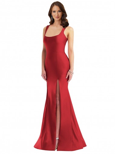 Affordable Mermaid Square Neck Silky Satin Long Red Formal Plus Size Evening Dress Canada