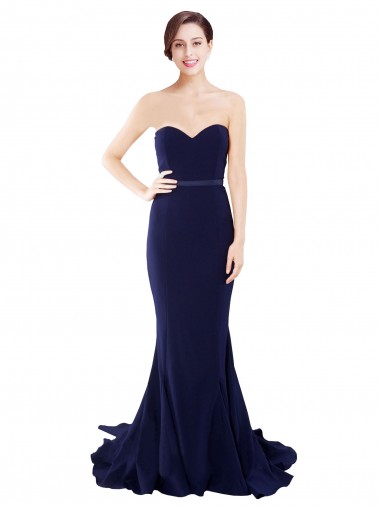 Affordable Mermaid Strapless Stretch Crepe Sweep Train Dark Navy Semi Formal Evening Dress Canada