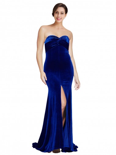 Affordable Mermaid Strapless Stretch Velvet Sweep Train Royal Blue Formal Evening Dress Canada