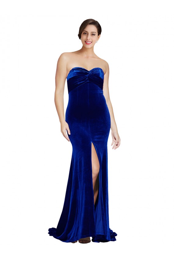 Affordable Mermaid Strapless Stretch Velvet Sweep Train Royal Blue Formal Evening Dress Canada
