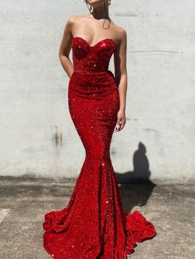 Affordable Mermaid Sweetheart Velvet Sequins Court Train Burgundy Velvet Sequin Evening Dress Canada