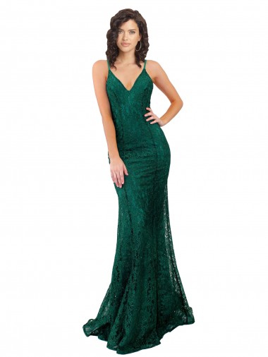 Affordable Mermaid V-Neck Lace Long Dark Green Black Tie Evening Dress Canada