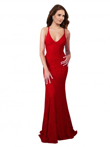 Affordable Mermaid V-Neck Lace Long Red Formal Evening Dress Canada