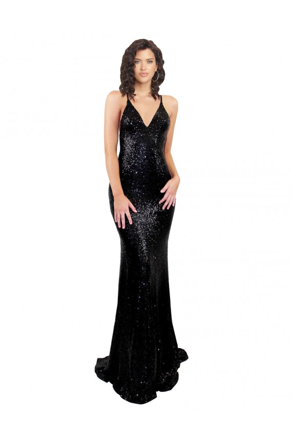 Affordable Mermaid V-Neck Sequin Long Black Black Tie Evening Dress Canada