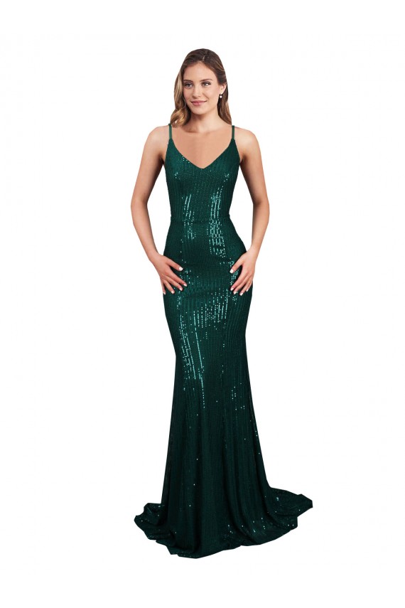 Affordable Mermaid V-Neck Sequin Long Dark Green Formal Evening Dress Canada