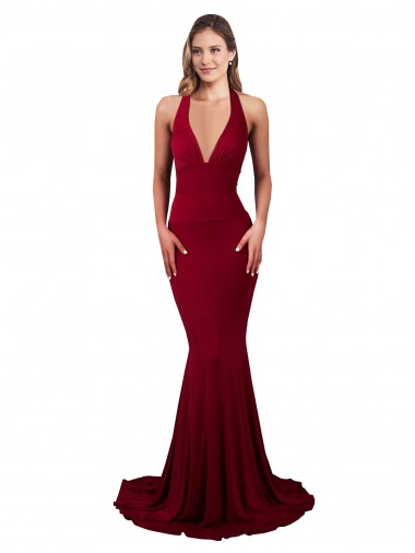 Affordable Mermaid V-Neck Spandex Long Burgundy Formal Evening Dress Canada