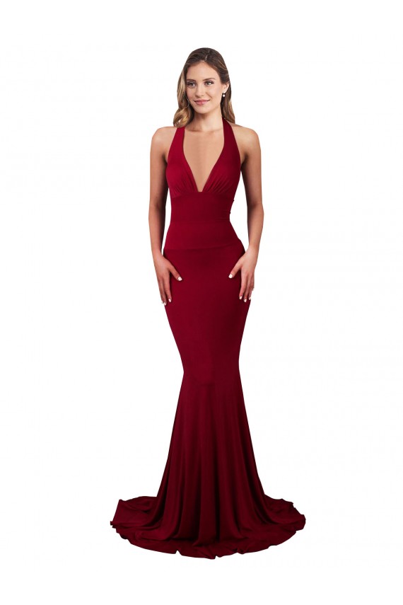 Affordable Mermaid V-Neck Spandex Long Burgundy Formal Evening Dress Canada