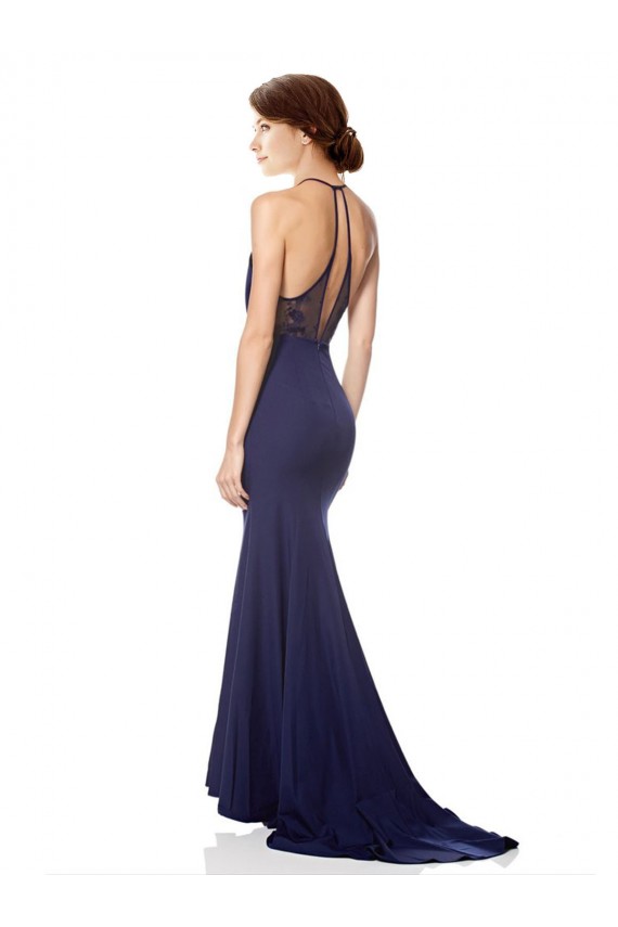 Affordable Mermaid High Neck Stretch Crepe Long Navy Blue Evening Dress Canada