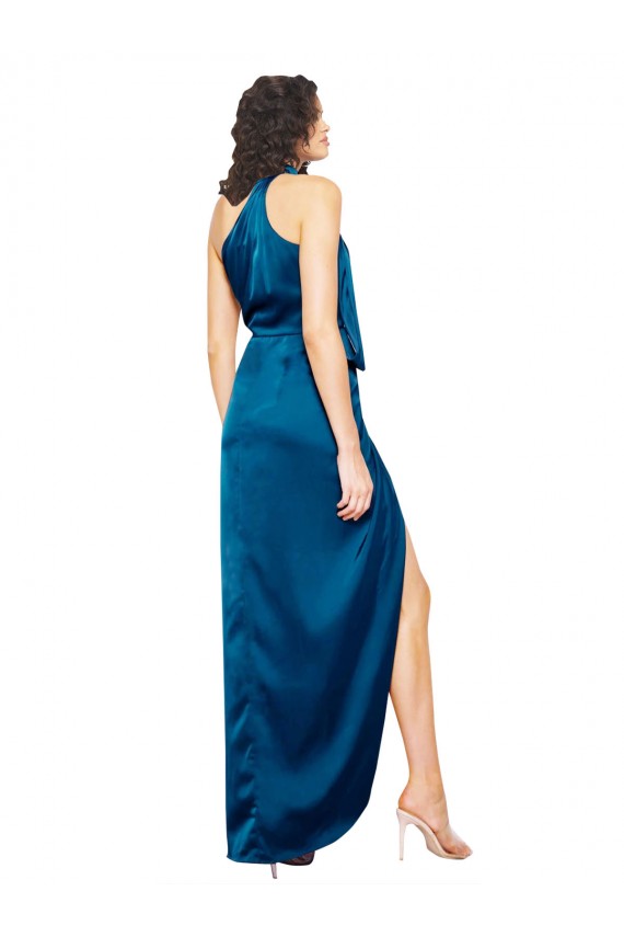 Affordable Sheath High Neck Silky Satin Long Peacock Blue Formal Evening Dress Canada
