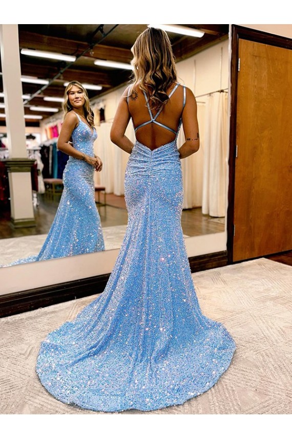 Affordable Sheath V-Neck Velvet Sequins Sweep Train Periwinkle Velvet Sequin Evening Dress Canada