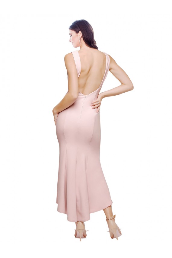 Affordable Sheath High Neck Stretch Crepe Midi Length Pink High Low Evening Dress Canada