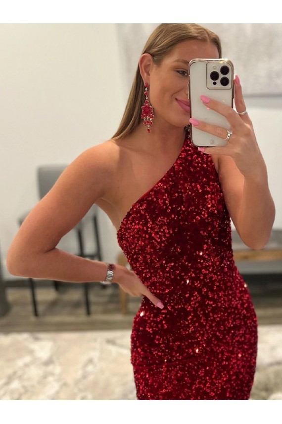 Affordable Sheath One Shoulder Velvet Sequins Sweep Train Pink Velvet Sequin Evening Dress Canada