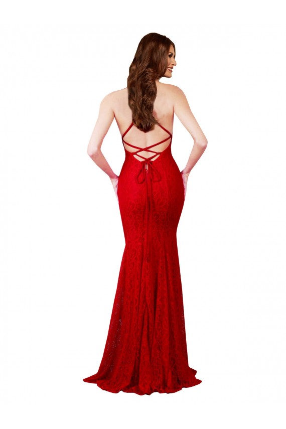Affordable Mermaid V-Neck Lace Long Red Formal Evening Dress Canada