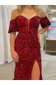 Affordable Sheath Off the Shoulder Velvet Sequins Court Train Red Velvet Sequin Evening Dress Canada
