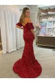 Affordable Sheath Off the Shoulder Velvet Sequins Court Train Red Velvet Sequin Evening Dress Canada