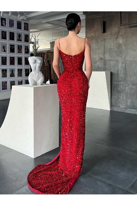Affordable Sheath V-Neck Velvet Sequins Sweep Train Red Velvet Sequin Evening Dress Canada