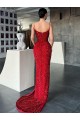 Affordable Sheath V-Neck Velvet Sequins Sweep Train Red Velvet Sequin Evening Dress Canada