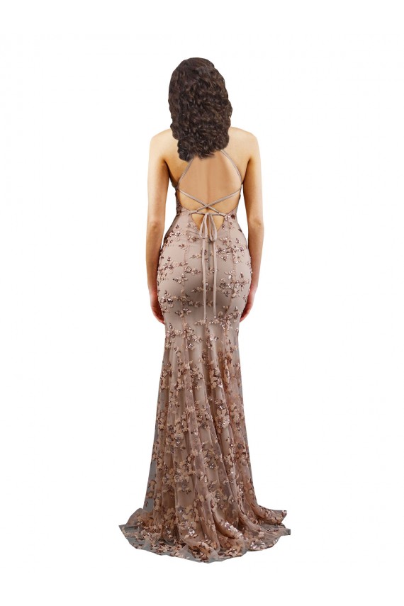 Affordable Mermaid High Neck Stretch Crepe & Sequin Tulle Long Rose Gold Formal Evening Dress Canada