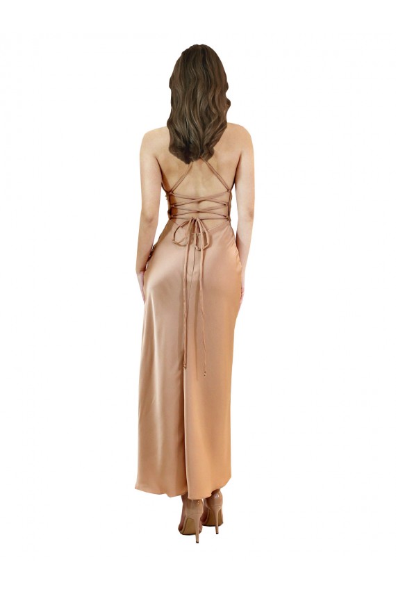 Affordable Sheath Cowl Neck Silky Satin Midi Length Rose Gold Formal Evening Dress Canada