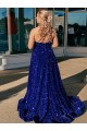 Affordable A-Line One Shoulder Velvet Sequins Sweep Train Royal Blue Velvet Sequin Evening Dress Canada