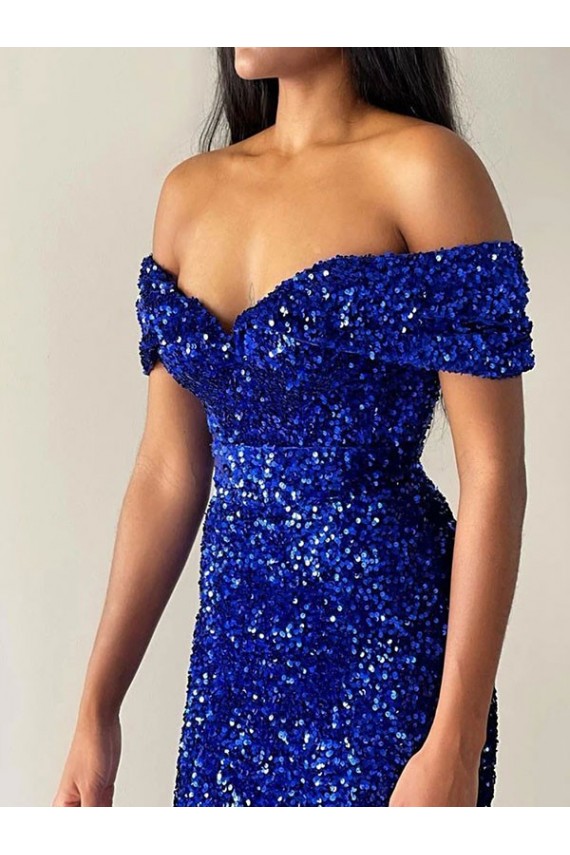 Affordable Mermaid Off the Shoulder Velvet Sequins Sweep Train Royal Blue Velvet Sequin Evening Dress Canada