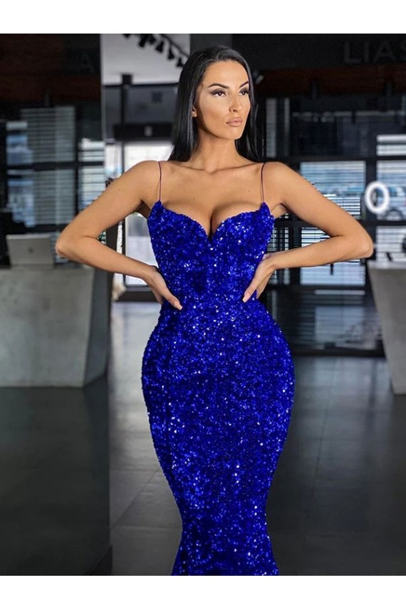 Affordable Mermaid Spaghetti Straps Velvet Sequins Sweep Train Royal Blue Velvet Sequin Evening Dress Canada