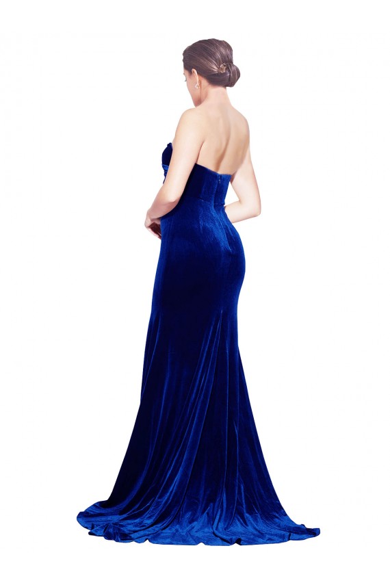 Affordable Mermaid Strapless Stretch Velvet Sweep Train Royal Blue Formal Evening Dress Canada