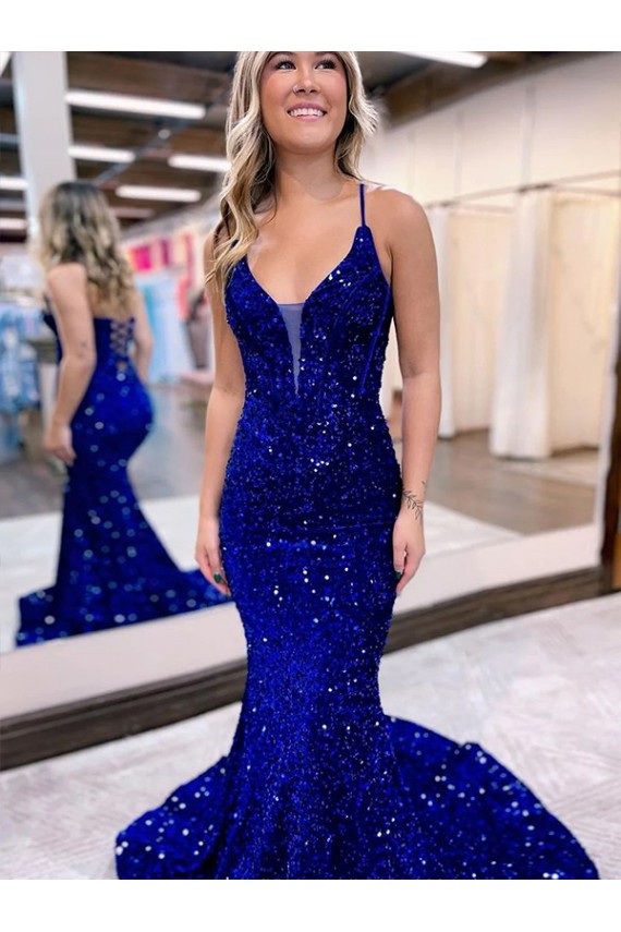 Affordable Mermaid V-Neck Velvet Sequins Court Train Royal Blue Velvet Sequin Evening Dress Canada