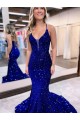 Affordable Mermaid V-Neck Velvet Sequins Court Train Royal Blue Velvet Sequin Evening Dress Canada