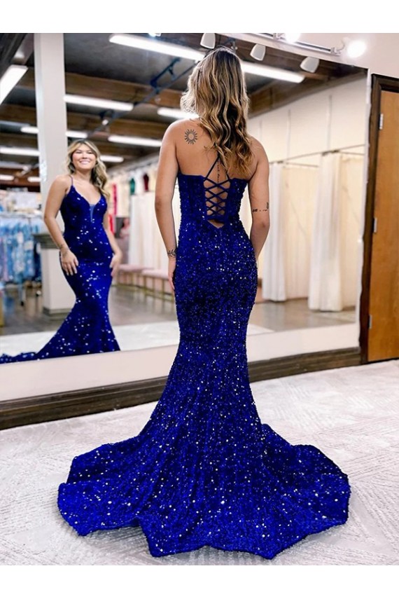 Affordable Mermaid V-Neck Velvet Sequins Court Train Royal Blue Velvet Sequin Evening Dress Canada