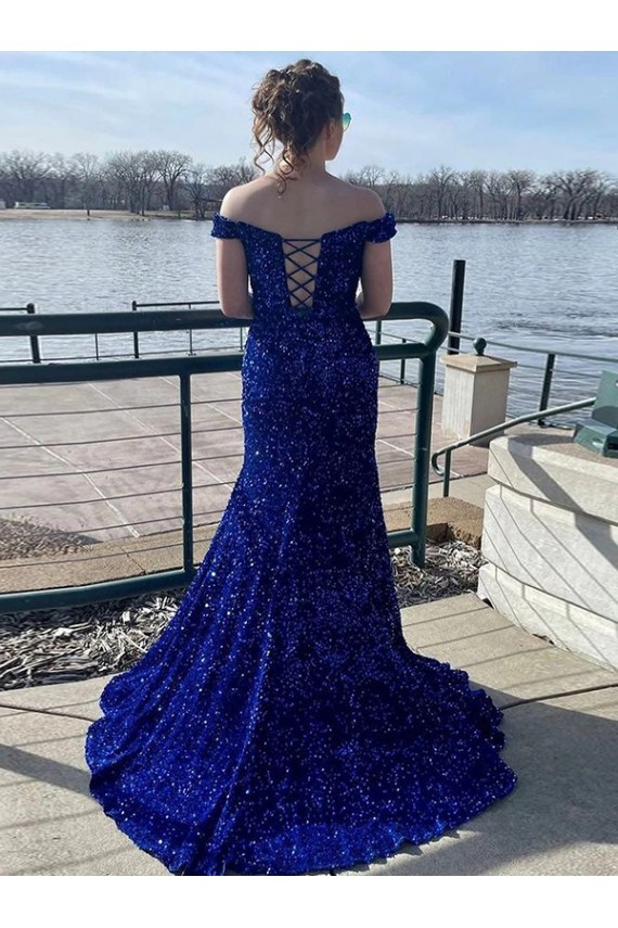 Affordable Sheath Off the Shoulder Velvet Sequins Sweep Train Royal Blue Velvet Sequin Evening Dress Canada