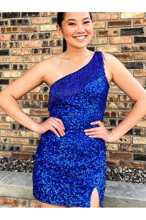 Affordable Sheath One Shoulder Velvet Sequins Short Royal Blue Velvet Sequin Evening Dress Canada