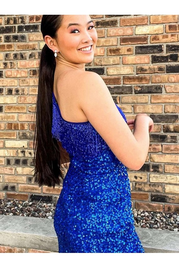 Affordable Sheath One Shoulder Velvet Sequins Short Royal Blue Velvet Sequin Evening Dress Canada