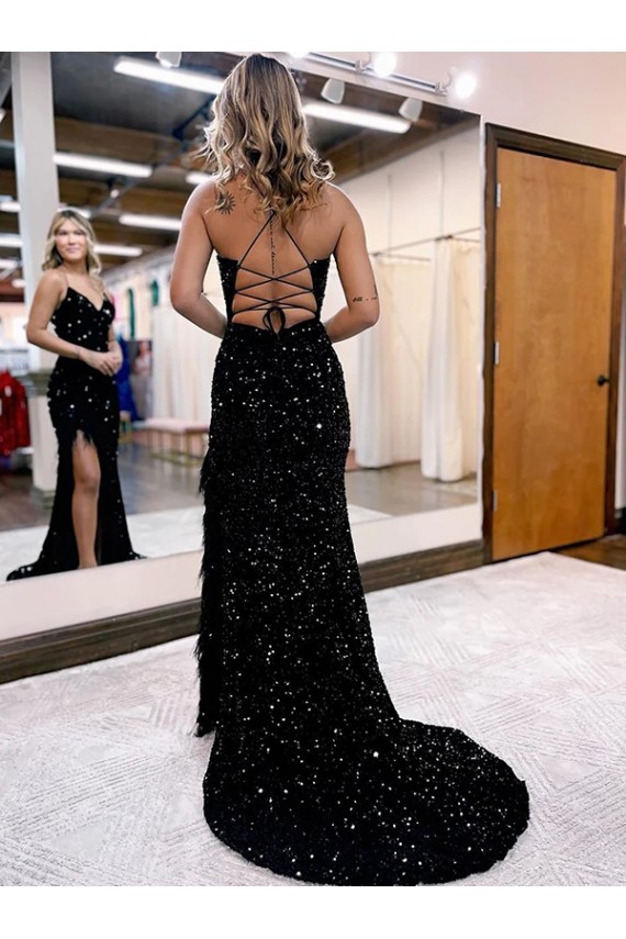 Affordable Sheath V-Neck Velvet Sequins Sweep Train Royal Blue Velvet Sequin Evening Gown Canada