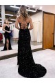 Affordable Sheath V-Neck Velvet Sequins Sweep Train Royal Blue Velvet Sequin Evening Gown Canada