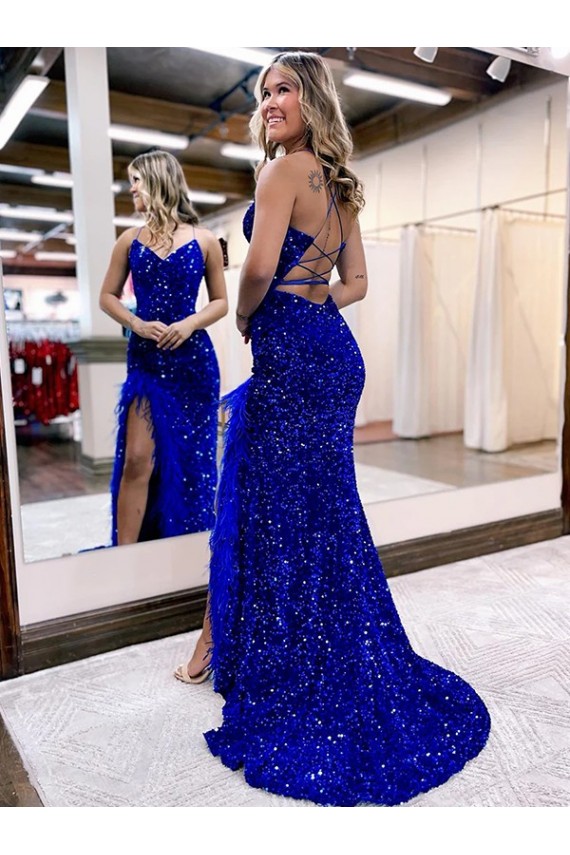 Affordable Sheath V-Neck Velvet Sequins Sweep Train Royal Blue Velvet Sequin Evening Gown Canada
