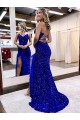 Affordable Sheath V-Neck Velvet Sequins Sweep Train Royal Blue Velvet Sequin Evening Gown Canada