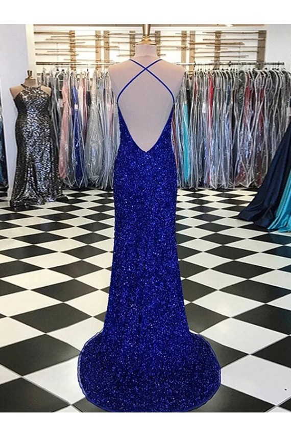 Affordable Sheath V-Neck Velvet Sequins Sweep Train Royal Blue Velvet Sequin Evening Dress Canada