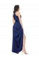 Affordable A-Line High Neck Silky Satin Long Sapphire High Low Evening Dress Canada